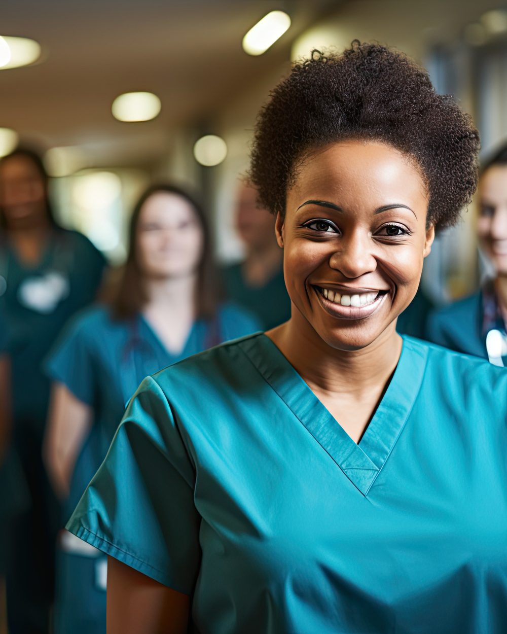 A team of nurses in a hospital corridor, smiling